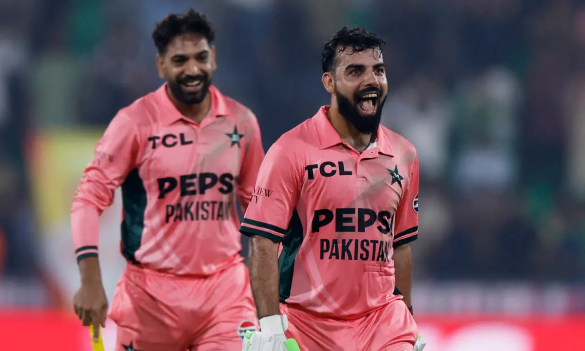 Haris Rauf and Shadab Khan during the ODI match between Pakistan and England at Gaddafi Stadium in Lahore on Oct 25, 2026. — Reuters
