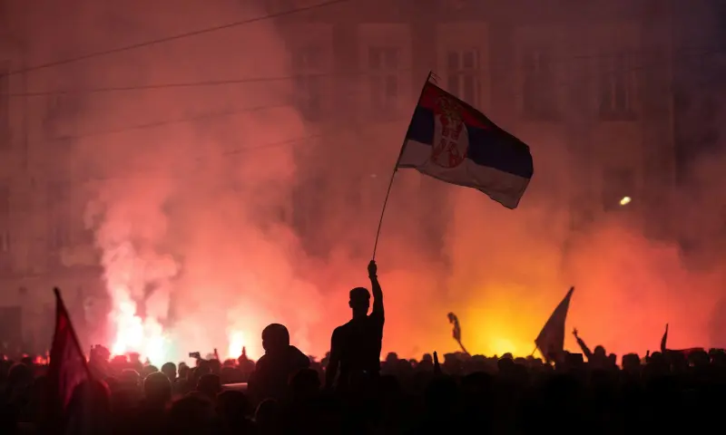 Supporters of the electoral list “Student List — Students Win” celebrate after Aleksandar Vucic, Serbian Progressive Party (SNS) prime ministerial candidate, conceded defeat in the parliamentary election in Belgrade, Serbia, on October 26, 2026. — Reuters