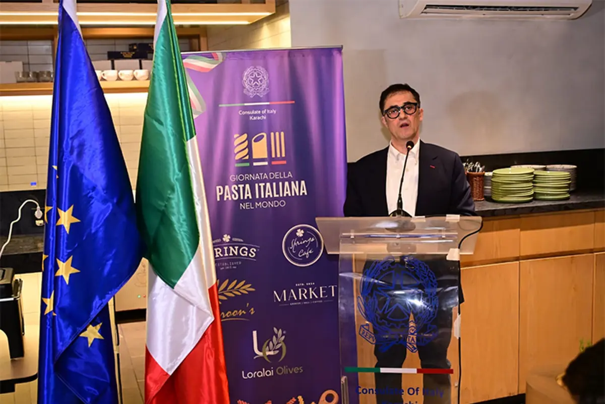 Italian Consul General Fabrizio Bielli speaks at the event.—Dawn