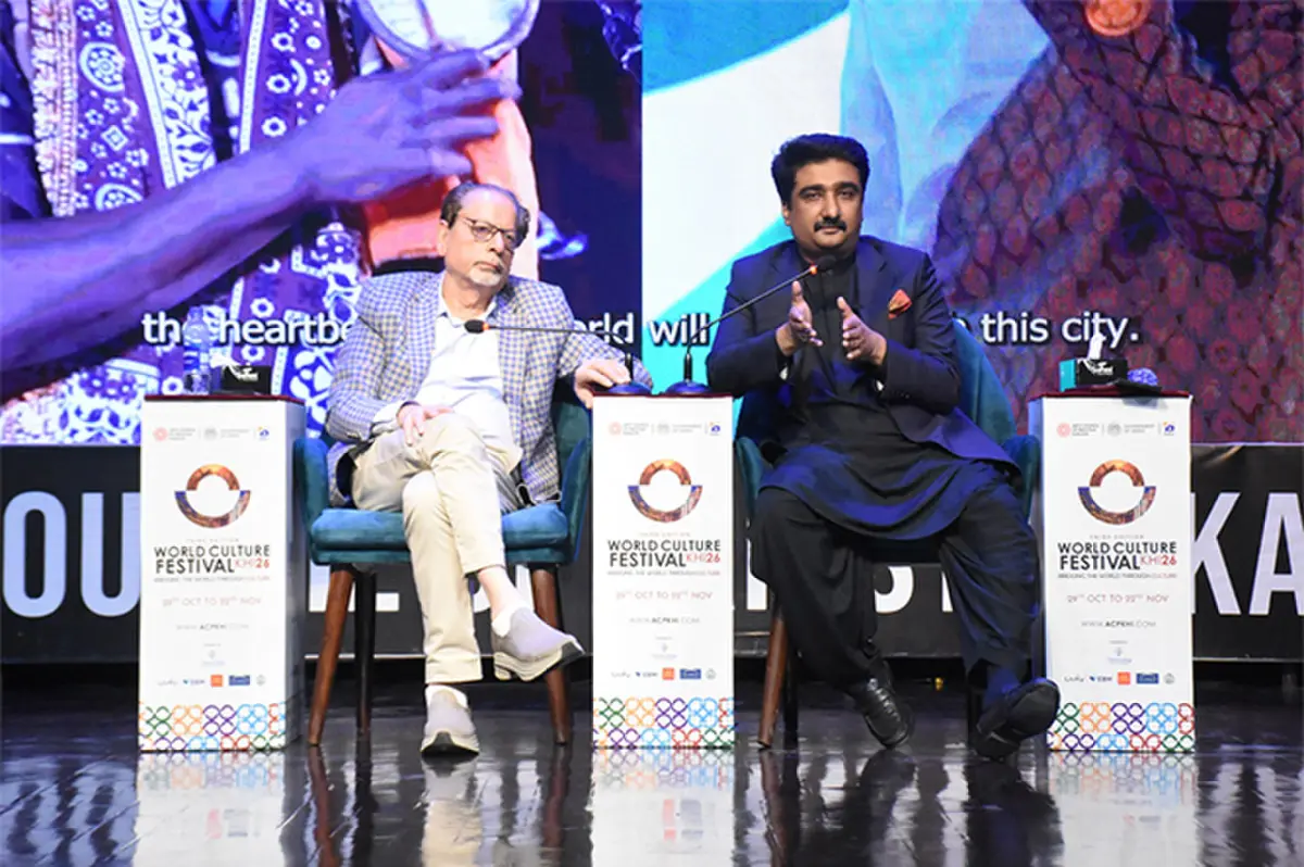 SINDH Culture Minister Syed Zulfiqar Ali Shah and Karachi Arts Council President Mohammad Ahmed Shah speak at the press conference.—Dawn
