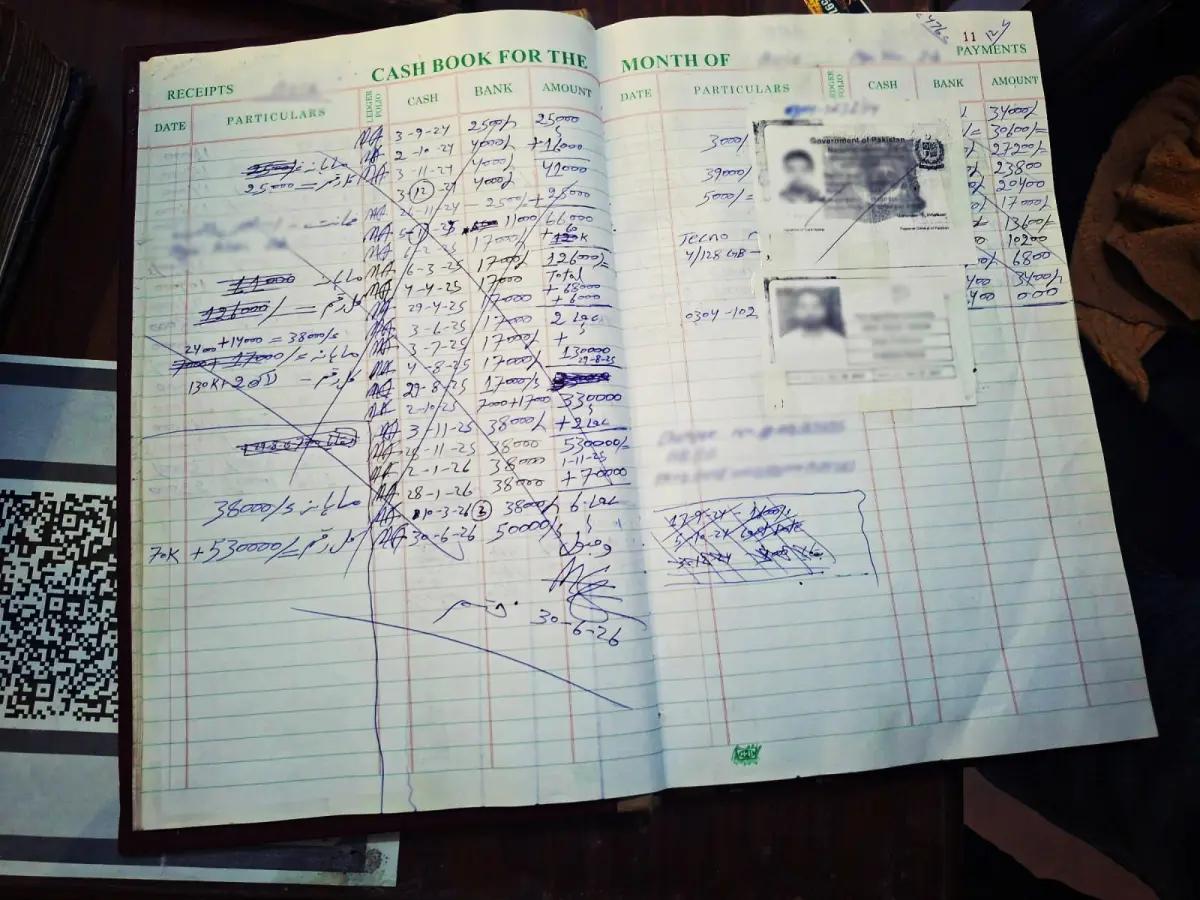 Simon’s account in the lender’s register. It was crossed out only when he paid it all back in one go. Photo provided by victim.
