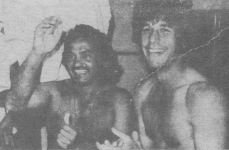 Mushtaq Muhammad and Imran Khan celebrate Pakistan’s victory against Australia in Sydney, January 1977.