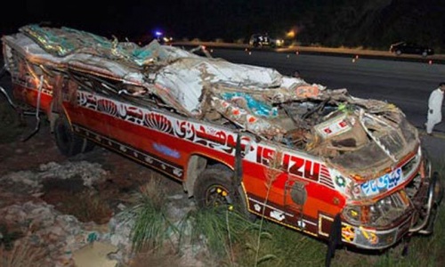 Passenger bus overturns near Dadu; 12 killed