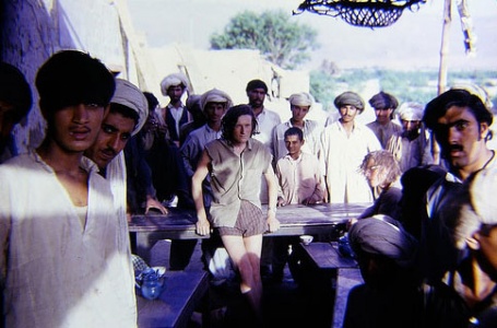 Two hippie tourists at a tea shop in Sibi, Balochistan, 1972.