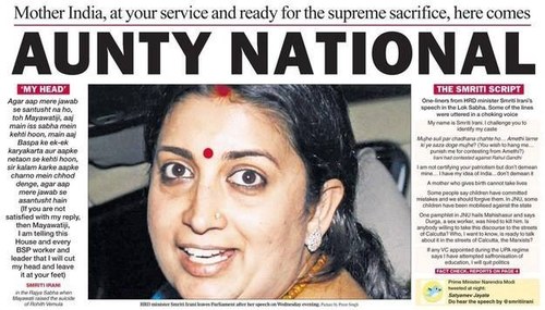 The Telegraph India front page on Feb 25, 2016, with a sexist play on Irani's outburst