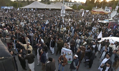 People rally to condemn the killing of Naqeebullah on Thursday in Islamabad.— AP