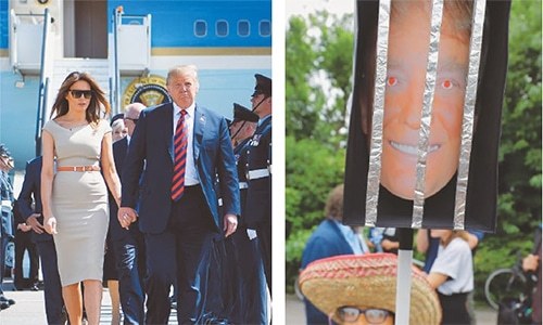 Trump arrives in Britain, questions May&rsquo;s Brexit plan