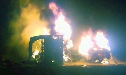 26 killed in fire after bus-truck collision near Hub