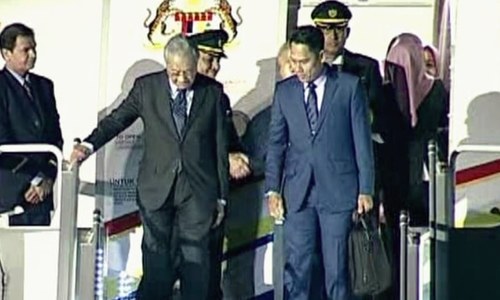 PM Mahathir pictured at Nur Khan airbase upon his arrival. — DawnNewsTV