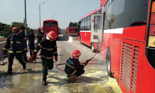Tyre burst, fire create panic in metro bus station Tyre burst, fire create panic in metro bus station