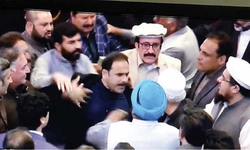 Pandemonium in KP Assembly as treasury, opposition members trade punches