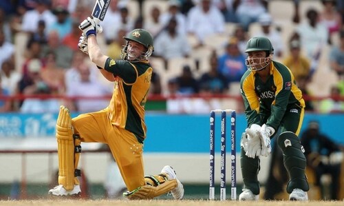 Australia's Michael Hussey smashes a six during the World T20 Semi-final against Pakistan on May 14, 2010 in a St. Lucia ground, West Indies. — Photo courtesy: Cricket Australia