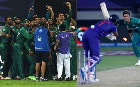 Pakistan celebrate after beating India for the first time in a World Cup fixture in T20 World Cup match on Oct 24. — Reuters/AFP File