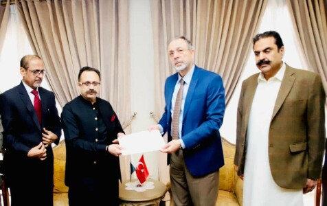 AJK PM Ilyas hands over Rs480 million cheque to Turkish envoy