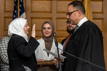 New Jersey Judge Nadia Kahf takes oath on Quran, wearing hijab New Jersey Judge Nadia Kahf takes oath on Quran, wearing hijab