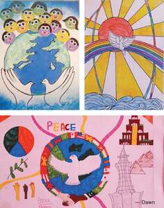 Posters promoting world peace displayed