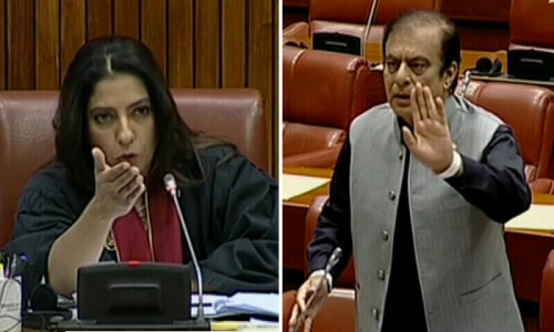 Senate devolves into squabbling as opposition protests Palwasha Khan presiding over session Senate devolves into squabbling as opposition protests Palwasha Khan presiding over session