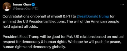 Former premier Imran congratulates president-elect Trump on winning US election Former premier Imran congratulates president-elect Trump on winning US election