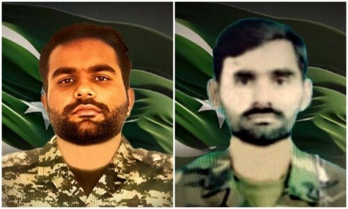 Two soldiers martyred, 8 terrorists killed in two separate operations in KP’s Khyber, Bannu districts: ISPR Two soldiers martyred, 8 terrorists killed in two separate operations in KP’s Khyber, Bannu districts: ISPR