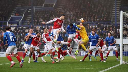 PORTSMOUTH: Arsenal's Gabriel Martinelli heads towards goal during the FA Cup third round match against Portsmouth at Fratton Park on Sunday.—Reuters
