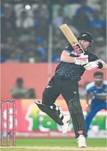 NEW ZEALAND opener Tim Seifert plays a shot during the fourth T20 international match against India at the YS Rajasekhara Reddy Cricket Stadium on Wednesday. — AFP