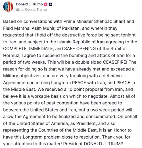 Trump accepts proposal for two-week ceasefire presented by PM Shehbaz