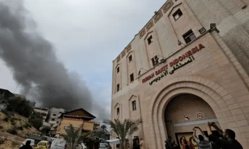 Indonesia denounces Israel &lsquo;propaganda&rsquo; banner over Gaza hospital ruins