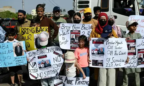 Protesters in Karachi demand safe return of seamen held by Somali pirates