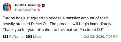 Trump says Europe has agreed to release diesel oil stocks Trump says Europe has agreed to release diesel oil stocks