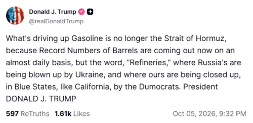 Trump says Ukraine's strikes on Russia, not Iran war, driving up oil prices