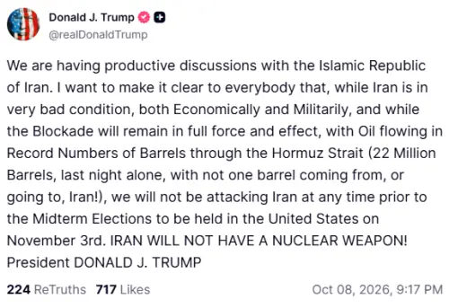 Trump says US will not attack Iran prior to Nov 3 midterm elections Trump says US will not attack Iran prior to Nov 3 midterm elections
