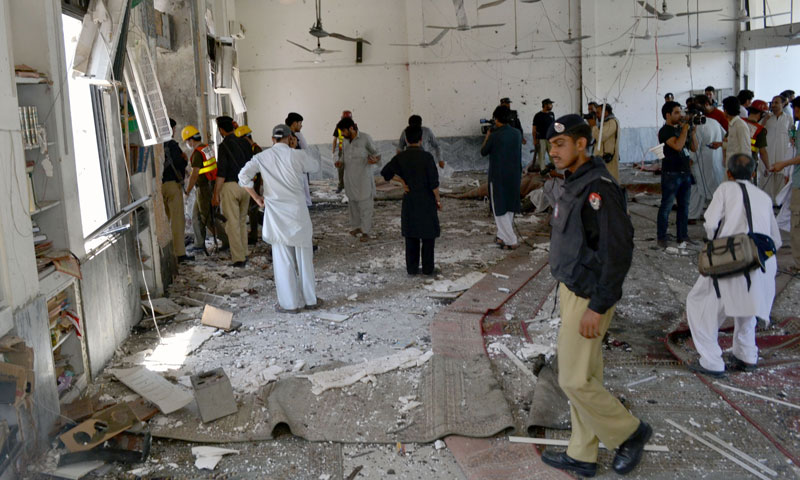 Photograph shows the extent of damage to the mosque Peshawar after a deadly suicide bombing killed at least 14 worshippers on June 21, 2013.—Photo by Zahir Shah Sherazi