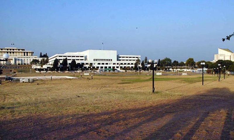 A view of the National Assembly building from a distance. Journalists staged a walkout from the NA's press gallery in protest of the sacking of nine reporters by the BBC Pakistan earlier this year.—File Photo