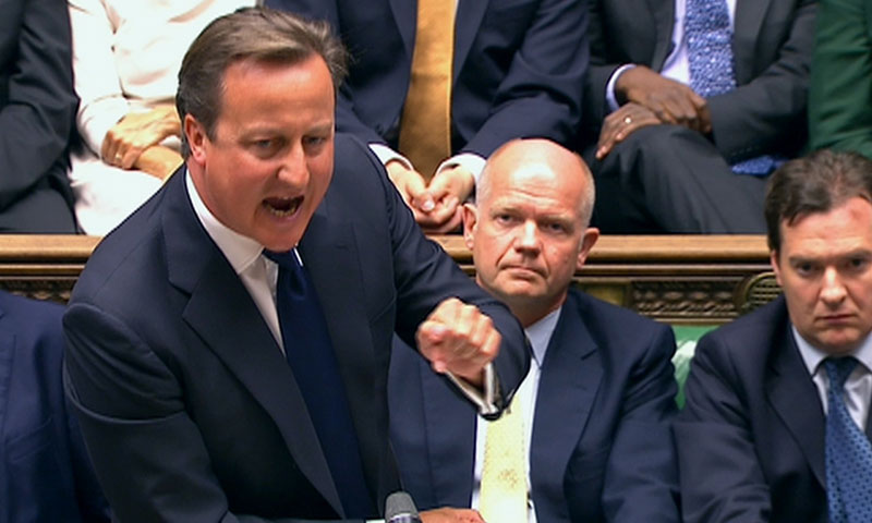 Britain's Prime Minister David Cameron is seen addressing the House of Commons in this still image taken from video in London August 29, 2013. &mdash; Photo by Reuters