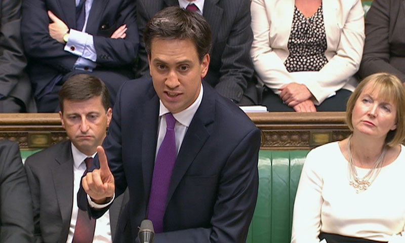 Britain's opposition Labour leader Ed Miliband is seen addressing the House of Commons in this still image taken from video in London August 29, 2013. &mdash; Photo by Reuters