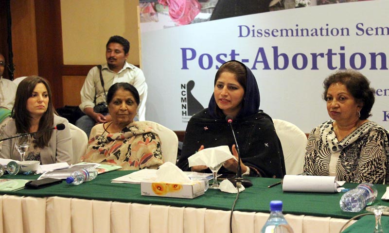 The report titled “Post-Abortion Care in Pakistan: A National Study,” released by the Population Council was launched at a hotel. Sindh Minister for Women Development and Social Welfare Rubina Sadat Qaimkhani speaks during a seminar organized by NCMNH at local hotel. — Photo by INP