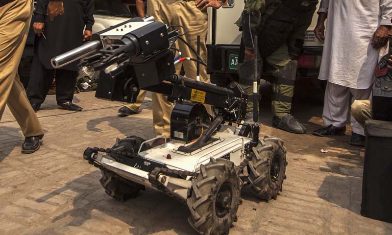 A demonstration of bomb disposal equipment at the unit's headquarters. — Photo Reuters