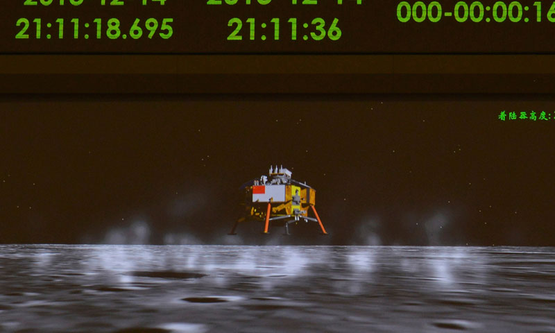 A photograph taken on a giant screen at the Beijing Aerospace Control Center in Beijing shows an animated image of the Chang'e-3 lunar probe landing onto the surface of the moon, December 14, 2013. &ndash; Reuters Photo
