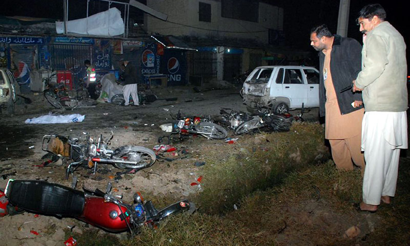 The site of the suicide bomb attack outside an Imambargah in Rawalpindi. -INP Photo