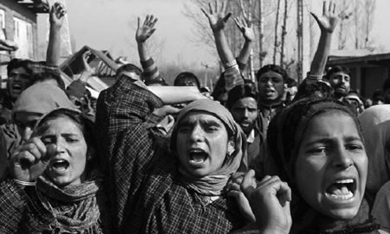 Women protest against the Indian army, accused of killing a Kashmiri Muslim villager.  — Reuters