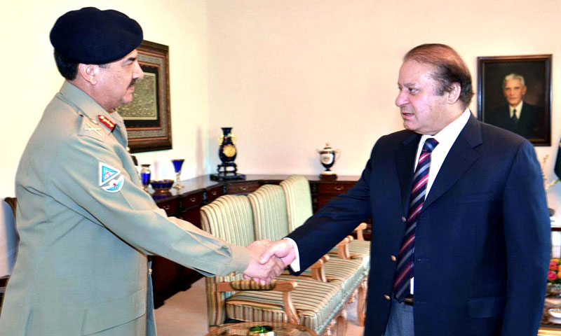 File photo shows Army Chief Gen Raheel Sharif in a meeting with Prime Minister Nawaz Sharif at the PM House in Islamabad, on Nov 26, 2013.—APP/File Photo