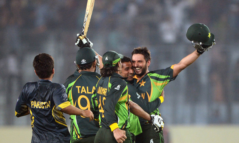 Sahid Afridi reacts after winning the sixth match of the Asia Cup one-day cricket tournament between India and Pakistan at the Sher-e-Bangla National Cricket Stadium in Dhaka on March 2, 2014. – AFP