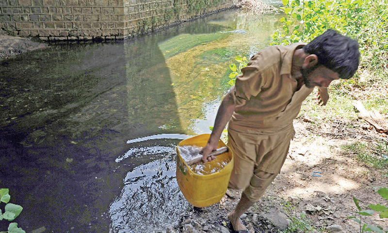 4. In contrast, the water of this stream flowing through Sector G-6, is found clear even after it had travelled upto Khayaban-i-Suhrawardy. The reason is that a sewage trunk line carries all the domestic outflow of the densely populated area. Stream water is clean enough for the poor car washer seen in the photograph to earn his living.