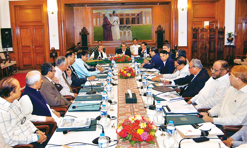 Corps Commander Lt Gen Sajjad Ghani along with Sindh Governor Dr Ishratul Ibad and Chief Minister Syed Qaim Ali Shah on Thursday presides over a meeting at the Governor House where a briefing was given on the city&rsquo;s mega projects.&mdash;Online