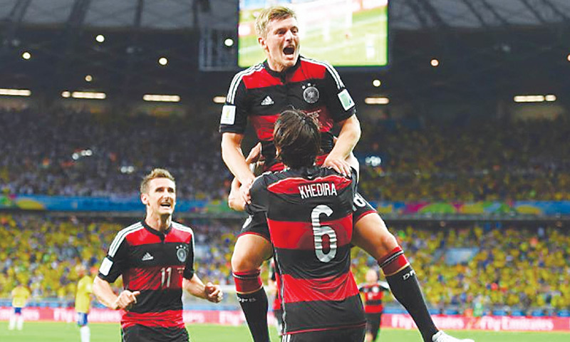 Toni Kroos celebrates after scoring the fourth goal for Germany.—AP