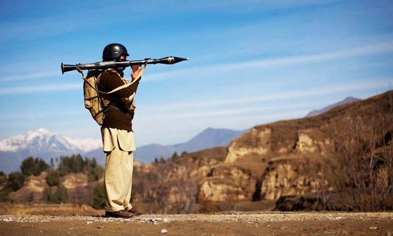 Photo from March, 2010 shows a soldier holding a rocket launcher while securing a road in Khar, the main town in Bajaur tribal agency.—REUTERS photo