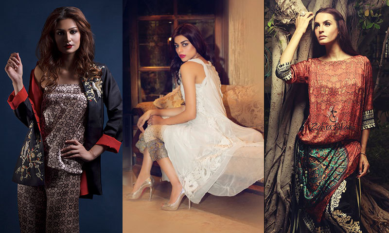 From L to R: Chinoiserie-style jacket paired with a jumpsuit by Maheen Karim | Glam knotted neckline and blingy capris by Ayesha-Somaya | Complex digital prints paired with contemporary silhouettes by Zohra Alam