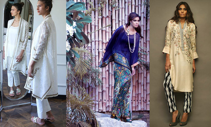 From L to R: An elegant outfit by Misha Lakhani | Stylish and uncommon tunic by Layla Chatoor  | Simple tunic and monochrome-pant combo by Sania Maskatiya