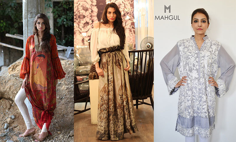 From L to R: Artistic print by Shamaeel Ansari  | Peasant blouse and dreamy print skirt by Fahad Hussayn  | Trendy tunic by Mahgul