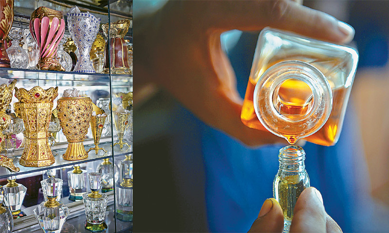 Loban-daans with tiny holes for emitting fragrant smoke. & Attar in shops is preserved in clear glass reagent bottles until transferred to pretty little bottles for customers. 